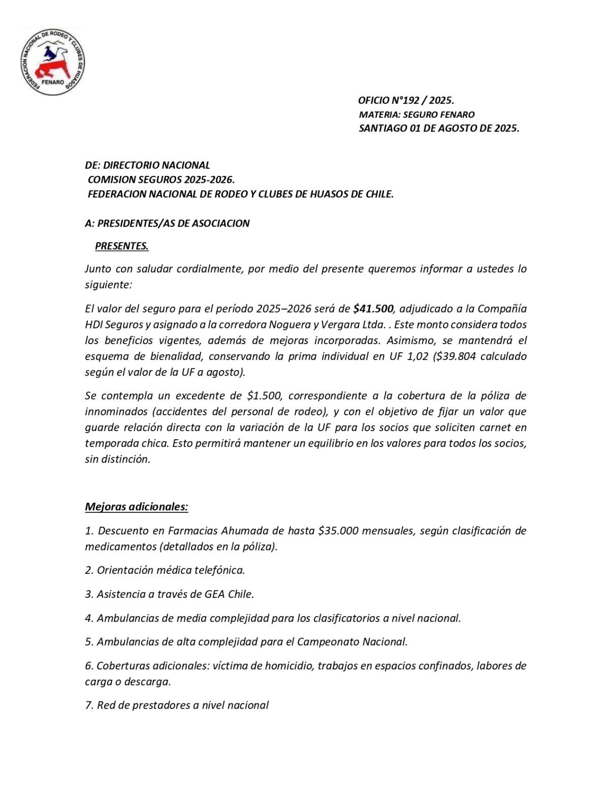 OFICIO N°192, SEGURO FENARO