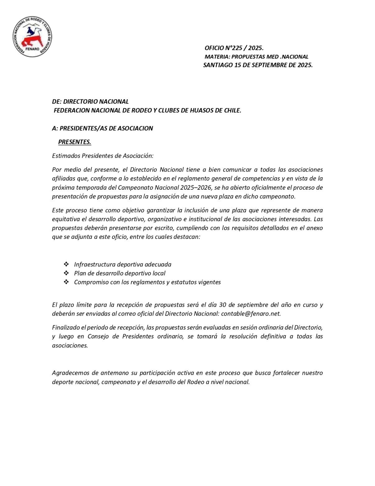 Oficio N°225 / 2025.  Propuestas Medialunas Campeonato Nacional
