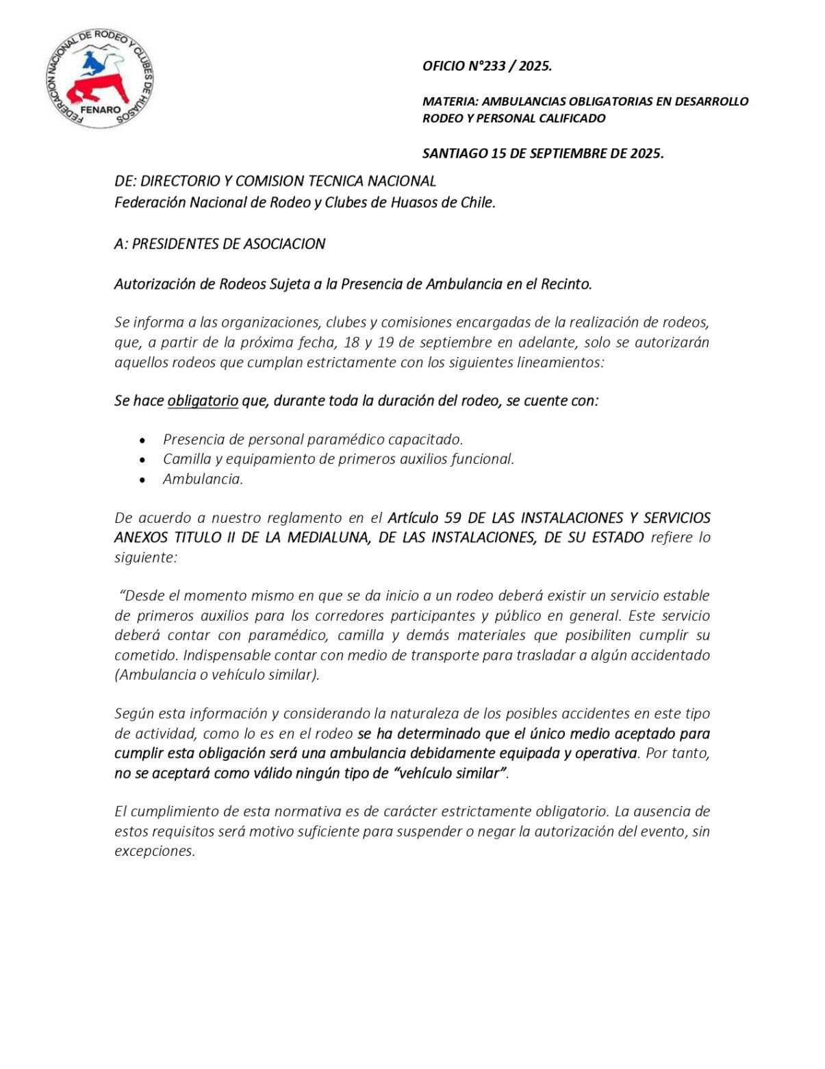 Oficio N°233 / 2025.  Materia: Ambulancias obligatorias en desarrollo rodeo y personal calificado