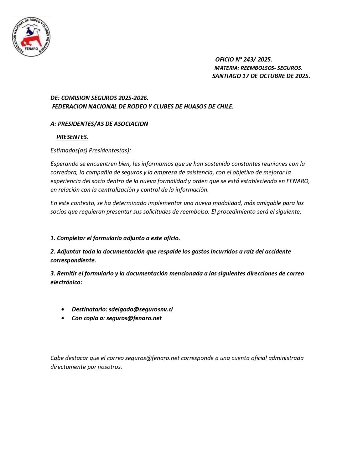 Nueva Modalidad Temporal Ingreso de Reembolso-Seguro FENARO