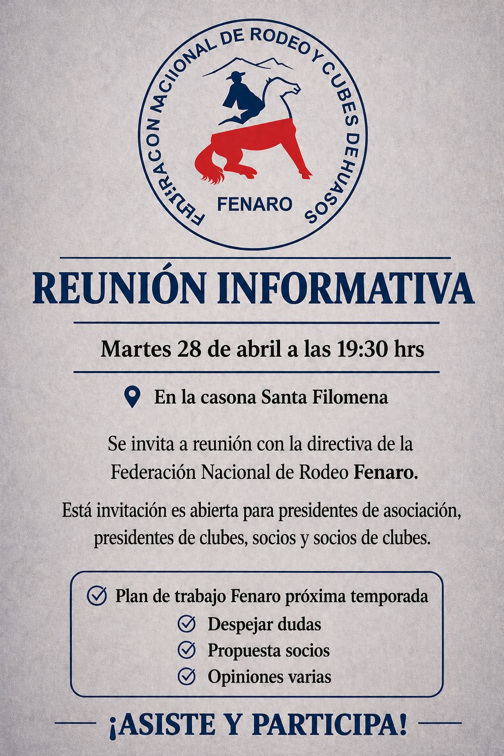 Atención socios de Fenaro Reunión Informativa Martes 28 de abril en la Casona Santa Filomena