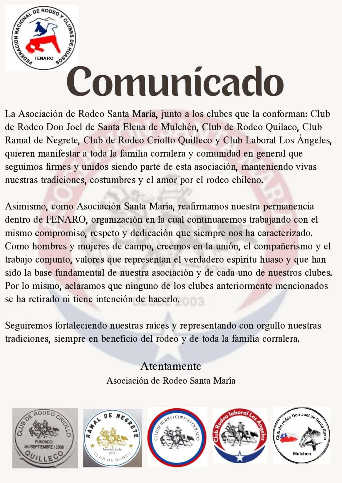 Comunicado Asociación de Rodeo Santa María